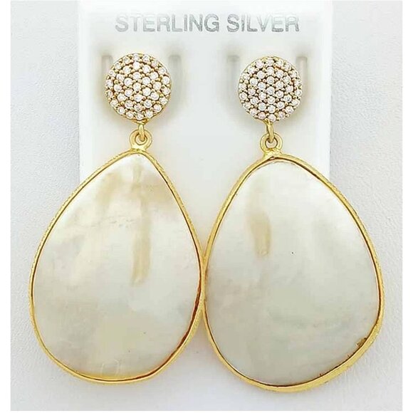 Genuine Abalone Dangling Earrings Solid .925 Silver ( 14k Yellow Gold Plated ) - Picture 1 of 4